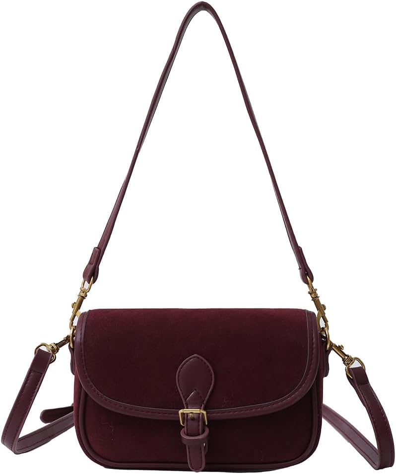JOLILUNA Brown Suede Crossbody Bag - Trendy Satchel Purse in Burgundy for Fall