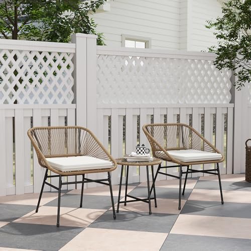 Outsunny 3-Piece Rattan PE and Steel Garden Set, Set of 2 Chairs with Cushions and Cylinder Coffee Table with Glass Top, Balcony Furniture Set, for Patio and Courtyard, Wooden Colour – Image 3