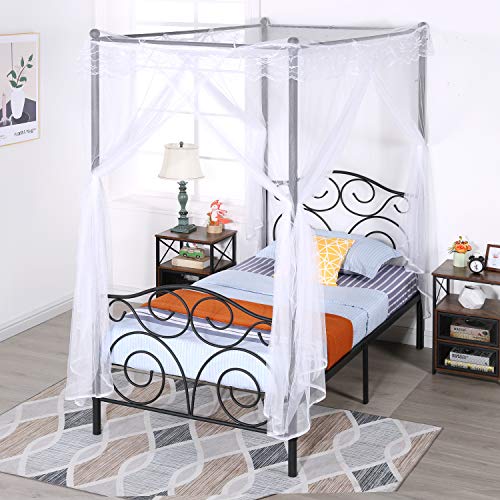 Image of VECELO 4 Corner Metal Canopy Bed Frame, Platform Mattress Foundation, Four Corner Bedding Mosquito Netting Bracket, No Box Spring Needed (Matte Black, Twin)
