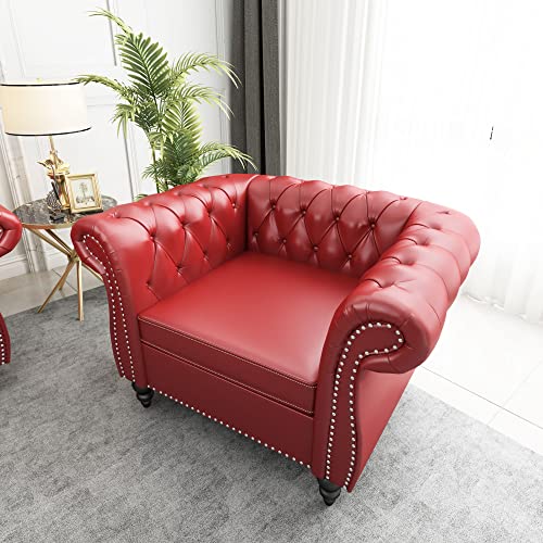 Image of ORRD Chesterfield Chair, Modern Leather Tufted Accent Sofa Couch Chair with Rolled Arms and Nailhead for Living Room, Bedroom, Office, Apartment (Burgundy)