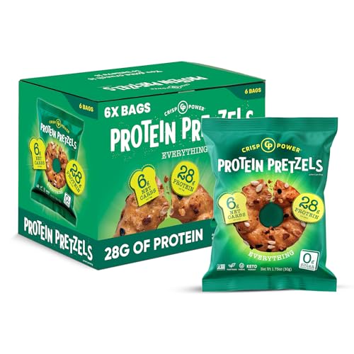 Crisp Power Protein Pretzels, Everything, High Protein Vegan Keto Snack, 28 G Plant Based Protein, Low Carb Crunchy Pretzel Snacks, Sugar Free, No Seed Oils, 1.75 oz Bags, 6 Pack