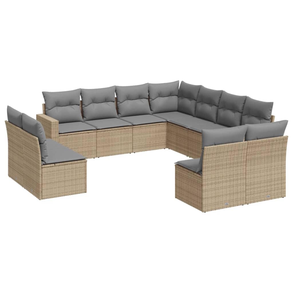 Juego de sofá de jardín de 11 piezas con cojín, poliratán beige, sofá modular con almacenamiento y bolsillo repelente al agua, fundas extraíbles, muebles de jardín de ratán PE para terraza