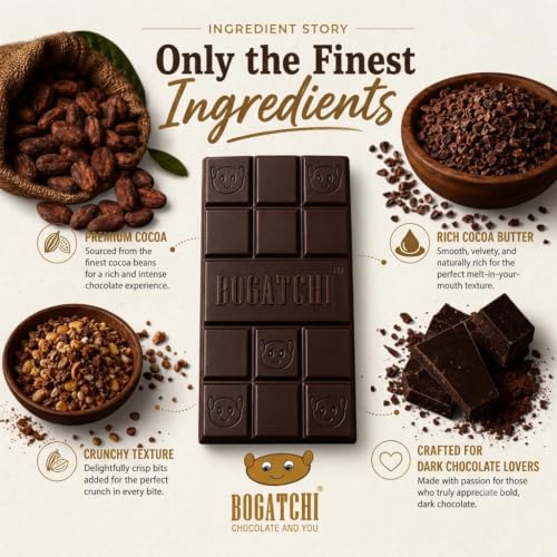 Image of BOGATCHI 99% Dark Chocolate Crunchy, 60g | Premium High Cocoa Chocolate Bar | Real Cocoa Goodness | Rich Intense Dark Chocolate Taste | Crunchy Texture | Vegetarian