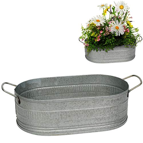 alles-meine.de GmbH Blumentopf/Pflanzkübel/Pflanzschale - Metall - metallic grau/anthrazit - OVAL - frostsicher - 28 cm - MITTEL groß - mit Henkel - Eimer/Dekotopf - Über..