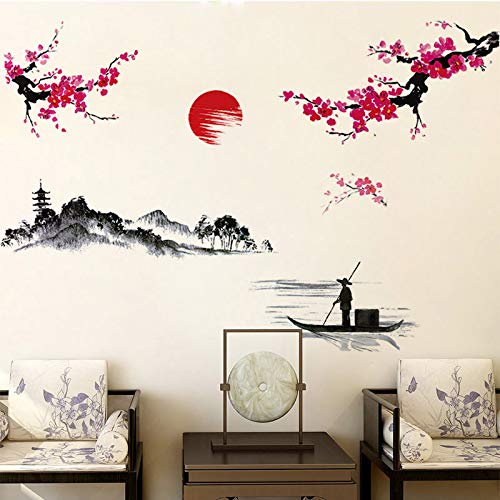 FUFUQUARE Flower Wall Stickers Japanese Style Red Plum Blossom Landscape Fisherman Wall Art Decals for Bedroom Living Room Office TV Wall - Image 2