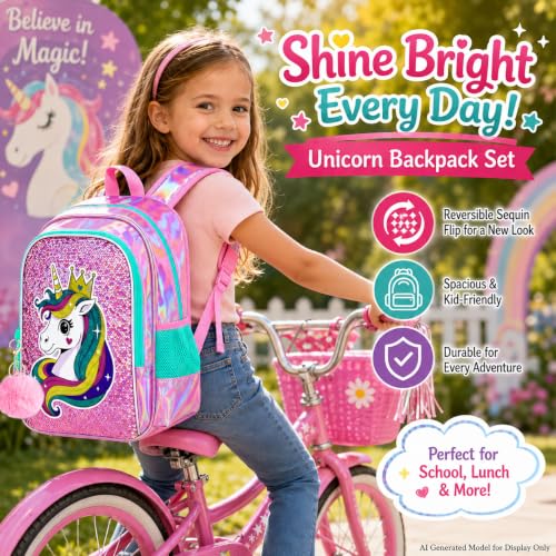 Image of CCJPX 16 inch Unicorn Backpack for Girls, 3Pcs Kids Sequin Bookbag with Lunch Box, Water Resistant Elementary School Bag for Kindergarten Preschool Toddler (Pink)