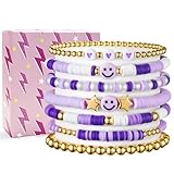 LieToi 7Pcs Preppy Heishi Bracelets for Women - Purple Surfer Bracelets Polymer Clay Stackable Disc Smile Star Beaded Summer Beach Y2K Stretch Back to School Birthday Gift
