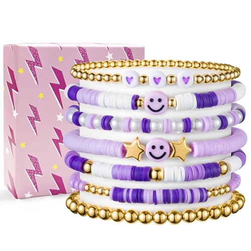 LieToi 7Pcs Preppy Heishi Bracelets for Women - Purple Surfer Bracelets Polymer Clay Stackable Disc Smile Star Beaded Summer Beach Y2K Stretch Back to School Birthday Gift