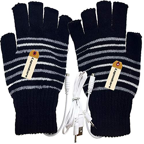 Lsgoodcare Black USB 2.0 Stripe Pattern Fingerless Heating Knitting Wool Hands Warm Gloves