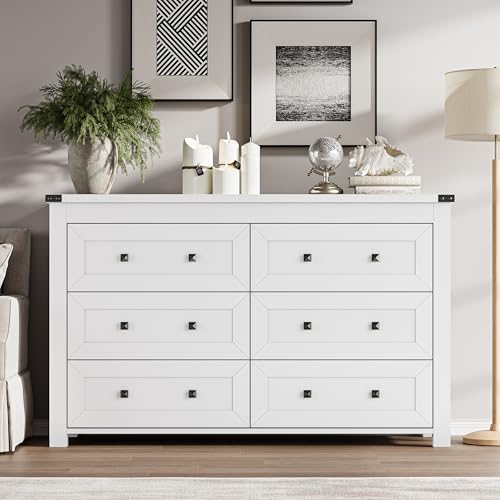 Image of BORNOON 6-Drawer Dresser, Modern Wooden Storage Chest of Drawers, Dresser TV Stand, Wood Drawer Organizer with Metal Handles for Bedroom, Living Room, Hallway