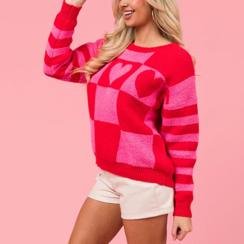 Image of Women Heart Print Knit Pullover Sweater Long Sleeve Round Neck Love Pattern Sweaters Trendy Valentine Knitted Sweater