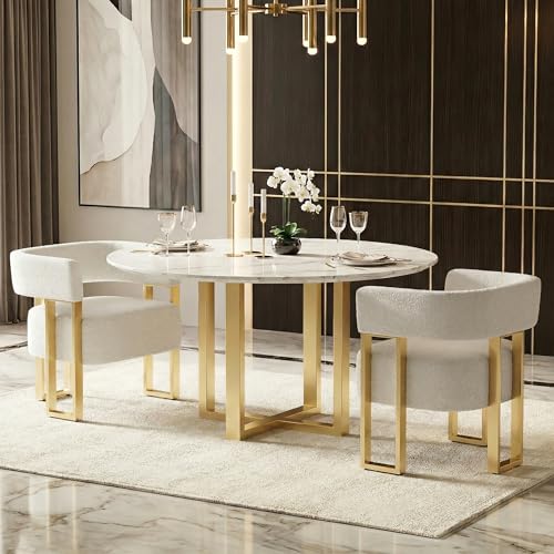 Image of Boucle Dining Chairs Set 2, White Upholstered Accent Armchairs, Gold Legs | STHOUYN Mid Century Modern Barrel Style, Gold Metal Legs, Kitchen Living Room Apartment