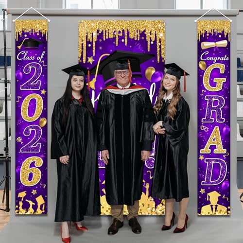 Image of Graduation Decorations Class of 2026 Purple and Gold Congrats Grad Banner and You Did It Door Cover for High School College Graduation Party Supplies(Purple)