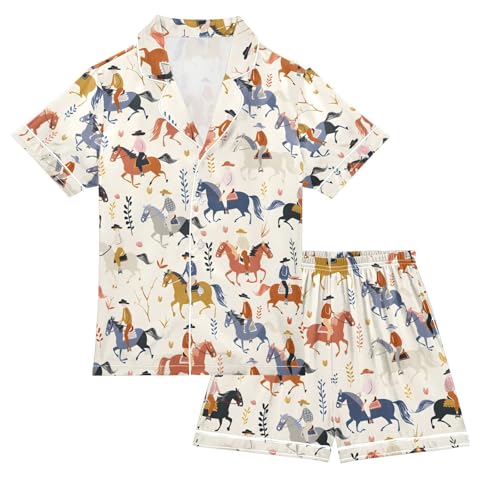 ALAZA Funny Horse Race Riders Pajamas Satin Pajama Set Short Sleeve Button Down Sleepwear