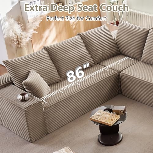 Image of Sectional Cloud Couch with L-Shape Chaise, Modern Modular Comfy Sofa with Deep Seat, Upholstered Corduroy Couches Stupendous U Shaped Sofas for Living Room Bedroom, No Assembly Required, Camel