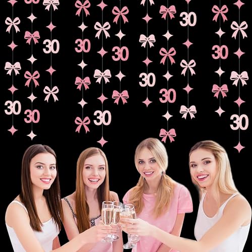 Image of Glitter Pink 30th Bow Birthday Decorations Hot Pink Conquette Bow Garland Streamer Banner Backdrop for Womens Happy 30th Birthday Dirty Thirty Cheers to 30 Years Old Anniversary Party Supplies