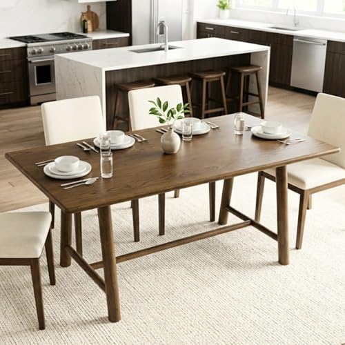 Image of CIMOTA 69 inch Dining Table for 4-6, Walnut Finish Wood Kitchen Table with Solid Wood Legs, Modern Farmhouse Dining Furniture for Dining Room, Living Room & Home Office