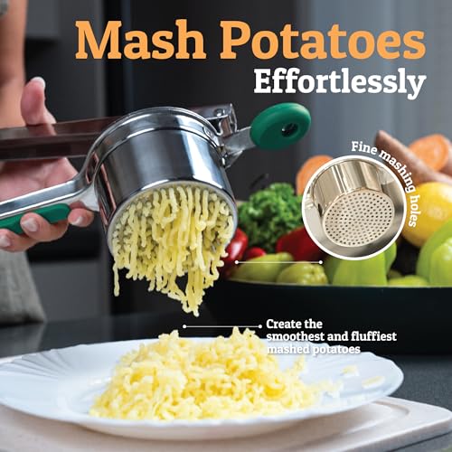 Image of PriorityChef Large 15oz Potato Ricer, Heavy Duty Stainless Steel Potato Masher and Ricer Kitchen Tool, Press and Mash Kitchen Gadget For Perfect Mashed Potatoes - Everytime, Green
