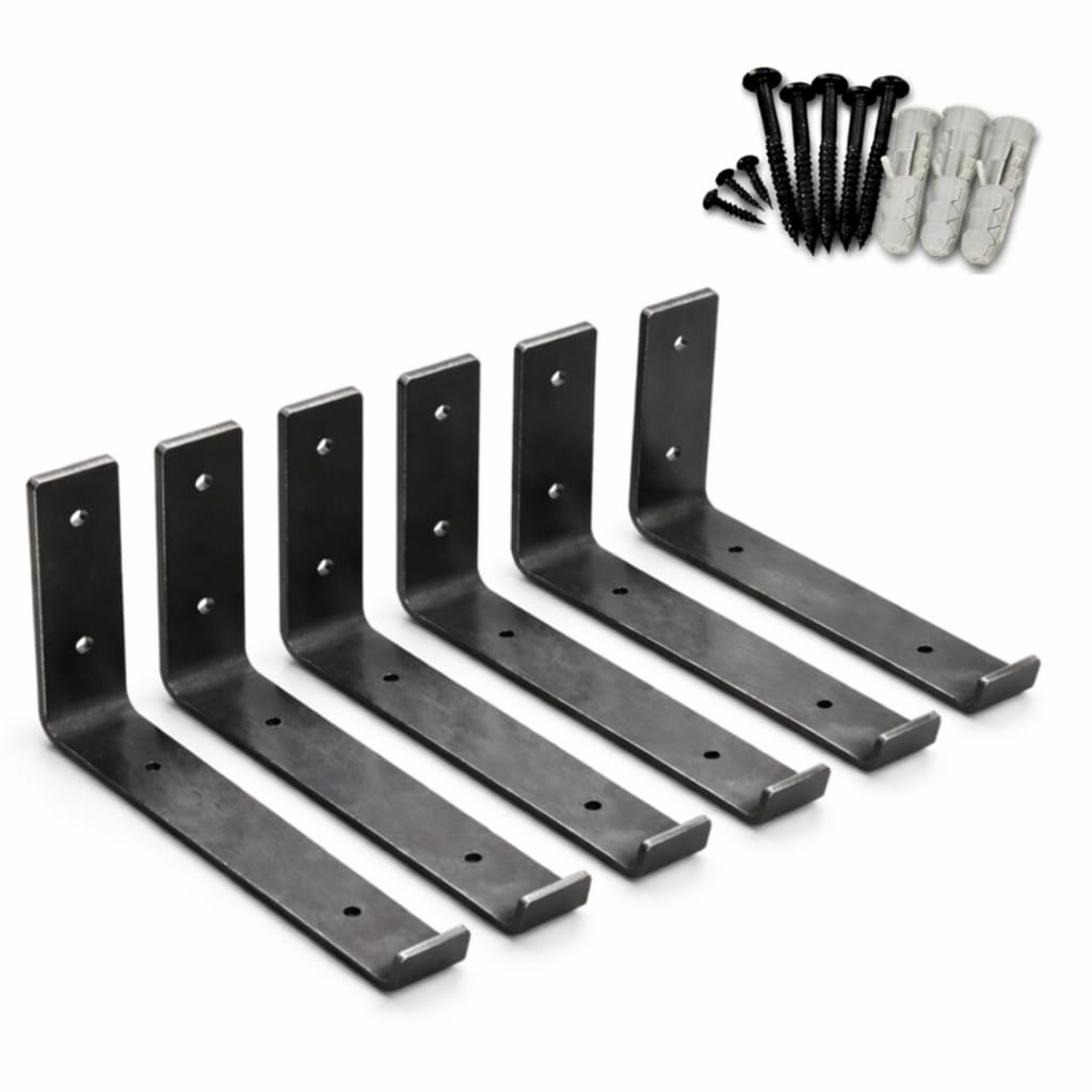 Set of 6 Heavy Duty Steel Shelf Brackets for Scaffold Board Shelving, 225mm Wall Mounted Rustic Industrial Supports, Raw Steel