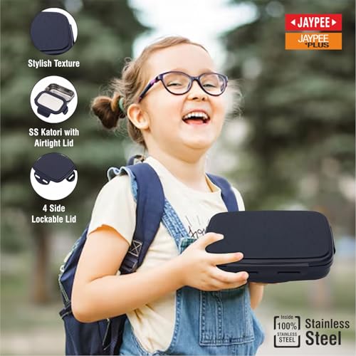 Image of JAYPEE Inner Stainless Steel Insulated Lunch Box Wavesteel Jr. Dark Blue, 500 ml, Airtight Tiffin Box for School Kids |Spillproof with Silicon Seal |Food Grade | BPA Free