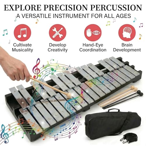 Image of Japard 30-Note Glockenspiel Bell Kit, 6 Mallets, Carrying Bag | Portable Percussion Set for Music Practice, School, Band and Performance