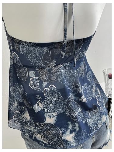 Verdusa Women's Boho Printed Ruched Halter Top Spaghetti Strap Layered Ruffle Fitted Tops4