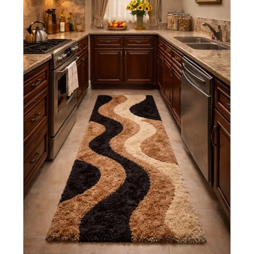 Image of 2x5 feet Shaggy Polyester Abstract Modern Area Rug - 2 Inch High Pile Ultra Soft Plush Carpet for Living Room, Bedroom & Kids Room, Thick Fluffy Rug for Indian Home Decor D - Rectangular