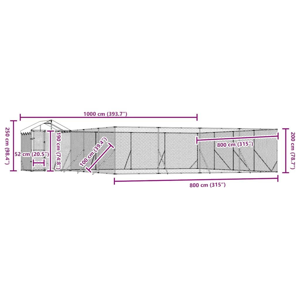 Perrera para perros al aire libre de acero galvanizado con techo plateado, 10 x 8 x 2,5 m, protección segura con rejilla de malla, resistente a la intemperie, ideal para perros, cachorros