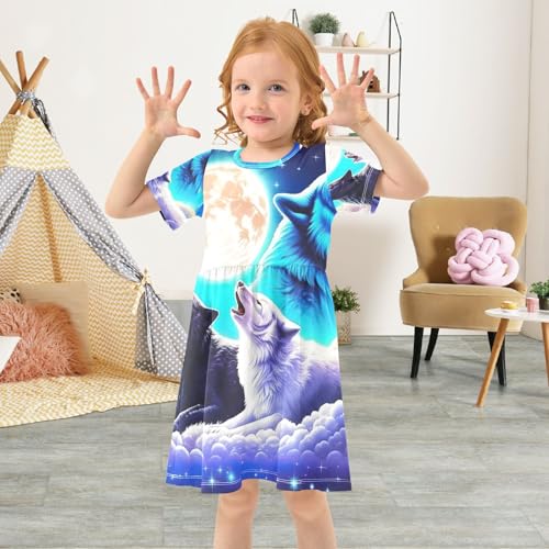 Galaxy Cool Wolf Blue Purple Girls Short Sleeve Dress Toddler Casual A Line Dress, 2T4