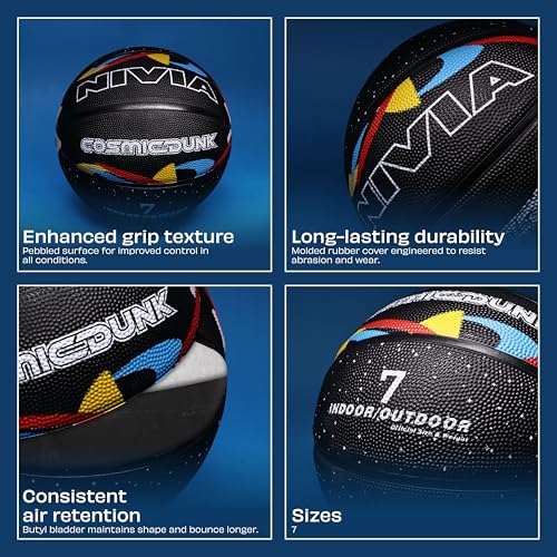 Image of Nivia Cosmic Dunk Basketball, for Men & Women, Durable Molded Rubber Ball with Pebbled Grip, Butyl Bladder, and Nylon Winding for Indoor & Outdoor Play (Size 7, Multicolor)