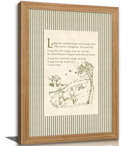 Framed Vintage Boy Nursery Canvas Wall Art Long Live Boyhood Poem Wall Decor Teen Boys Childrens Nursery Painting Picture Cottagecore Sketched Kids Poem Art Print for Boys Room Playroom Home Decor