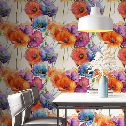 ICYEHAO Selbstklebende Tapete Bunt Blumen, 44 x 600 cm Orange Lila Blumentapete Bunt Klebefolie Blumen Blätter Pflanzen Möbelfolie… – Ansicht 2