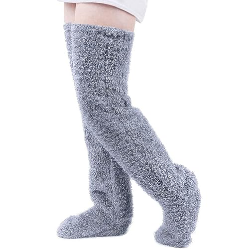 Chaussettes hautes pelucheuses gris foncé au-dessus du genou taille unique