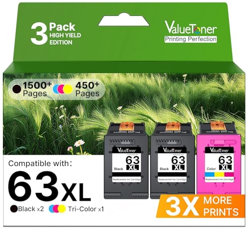 Image of 63XL Ink Cartridges Black and Color Replacement for HP Ink 63 XL Combo Pack