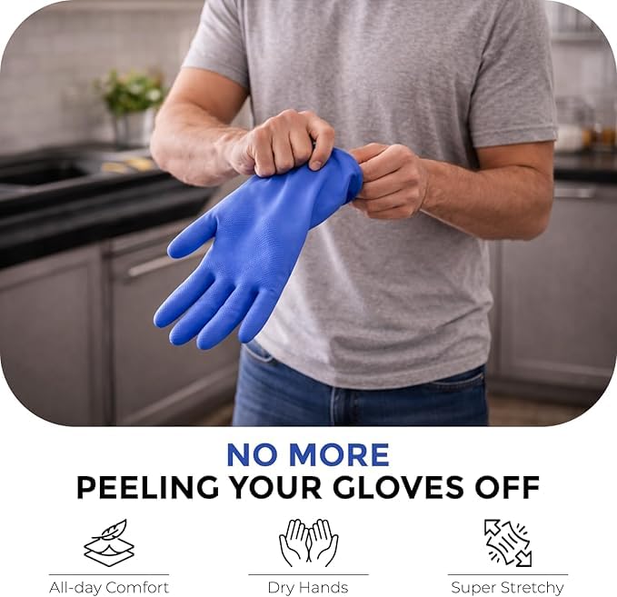 Image of LADWA Premium Rubber Cleaning Gloves, Blue Color Reusable Waterproof Gloves for Dishwashing, Kitchen Cleaning, Laundry and Gardening Use with Anti-Slip Grip (Pack of 1 Pair)