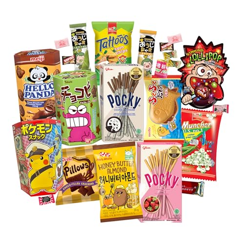 Asiatische Süßigkeiten Box Snacks Candy Jelly Chips Cracker aus Thailand Taiwan Japan Korea China Philippinen mit über 30 Teilen Geschenk-Box Probierset Probierpaket