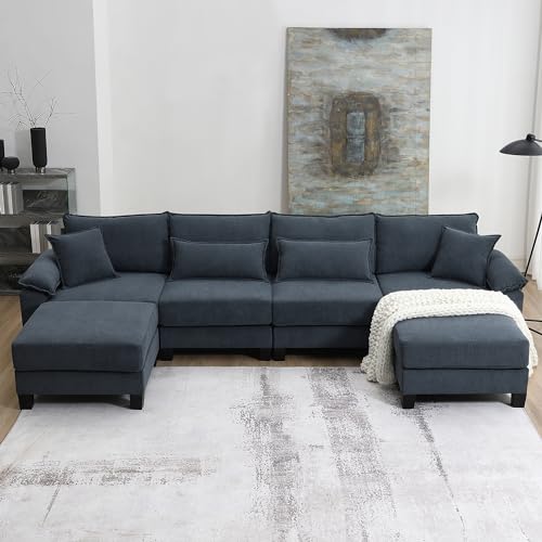 Image of 133" Convertible Sectional Couch, 6 Seat Free Combination Sofa, Corduroy Upholstered Sofa, Cloud Sectional Couch, Extra Deep Couches, Sleeper Couch Set with Armrest Pillow and Ottomans (Gray)