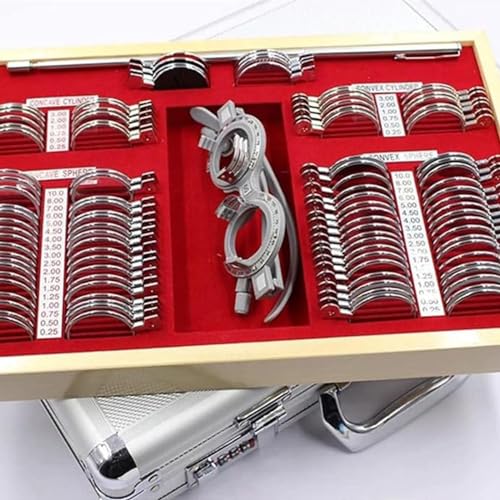 Zestaw oprawek do testów optometrycznych z soczewkami w metalowej oprawie w aluminiowym etui, niezbędny do profesjonalnego użytku optometrystów