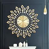 JTWALCLOCK Large Modern Wall Clock for Living Room Decor, 24 Inch Big Decorative Crystal Peacock Wall Clock Battery Operated Non Ticking for Kitchen Bedroom, Gold Metal Silent Wall Clocks for Home