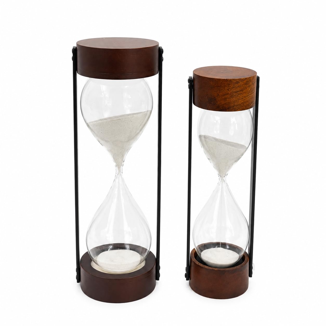 Temporizador de arena de madera de caoba oscura de lujo, reloj de arena blanco grande con pilares de metal negro mate para escritorio de oficina ejecutiva, decoración de mesa y meditación (marrón 3.5