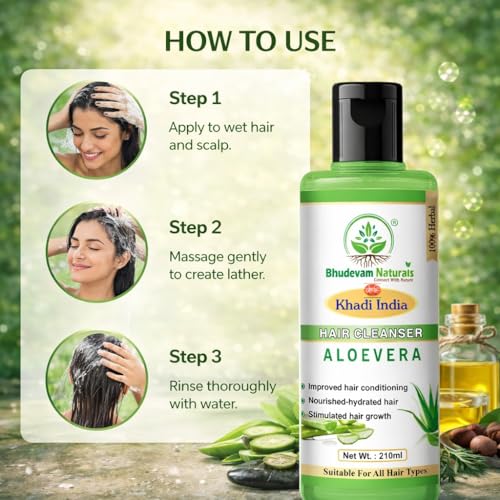 Image of Bhudevam Natural Khadi Aloe Vera Hair Shampoo Moisturizing & Nourishing Formula for Dry, Damaged Hair | Suitable for All Hair Types - Pack of 2