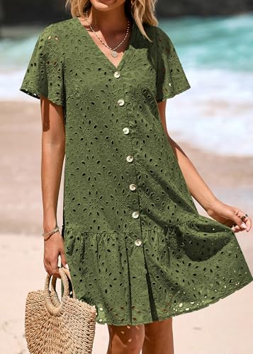 Image of KIRUNDO Eyelet Dresses for Women Button Down Mini Babydoll | 2026 Summer Short Sleeve Boho Sundress, Loose Fit V Neck Short Dress With Pockets, A Line, Cruise Beach Vacation Outfits