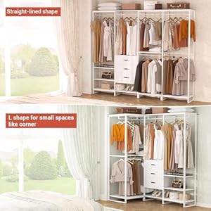 Aheaplus Wood Clothes Rack Wardrobe Closet for Hanging Clothes Heavy Duty Garment Rack, Large Corner L Shaped Closet System Organizers Walk-in Closet for Bedroom with 3 Wood Drawers, Pure White Aheaplus Wood Clothes Rack Wardrobe Closet for Hanging Clothes Heavy Duty Garment Rack Large Corner L Shaped Closet System Organizers Walk in Closet for Bedroom with 3 Wood Drawers Pure White