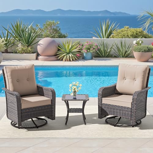 ALAULM 3 Piece Wicker Patio Chairs Outdoor Swivel Rocker Chairs with 4”Thick Cushions and High Back, Rattan Swivel Set w/Side Table for Patio, Porch, Poolside, Deck, Backyard, Garden-Sand