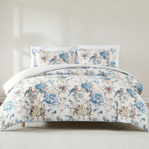 Lush Decor Bird and Hydrangea Cotton Duvet Cover 3 Piece Set Full/Queen Teal & Neutral - Floral...