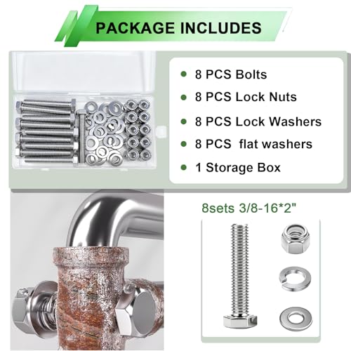 Image of 8 Sets 3 /8-16x2 inch Stainless Steel Hex Head Screws Bolts, Nuts, Flat & Lock Washers,18-8(304) Full Thread