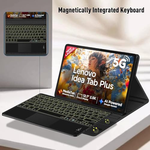 Image of HOM Tri-Fold 7-Colour Backlight Detachable Wireless Bluetooth Keyboard with Trackpad /Touchpad Tablet Cover Case for Lenovo Idea Tab Plus 12.1 inch - Black