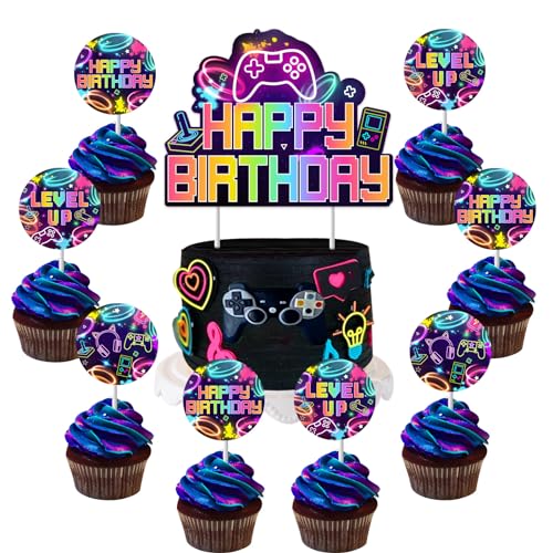 Kreat4Joy F-PA-11111 Video Game Cake Cupcake Toppers, Level Up Video Game Party Decorations Happy Birthday Cake Cupcake Toppers cover