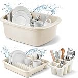 Ploutos World Wide Washing Up Bowl Set of 3 – Rectangular Plastic Sink Bowl with Cutlery Holder Caddy and Dish Drainer Rack, Kitchen Sink Organiser Accessories (Cream)