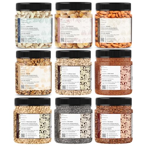 Image of LILA DRY FRUITS Nuts & Seeds Combo - Almonds, Cashew, Walnut, Apricots with Chia, Flax, Sunflower, Watermelon & Halim Seeds 100 Gms x 9 | Healthy Snack Mix Perfect for Gifting